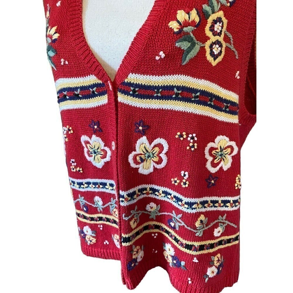 DONNKENNY Vintage Embroidered Vest Womens Size Medium 90s Red Floral Button Down - Picture 1 of 7